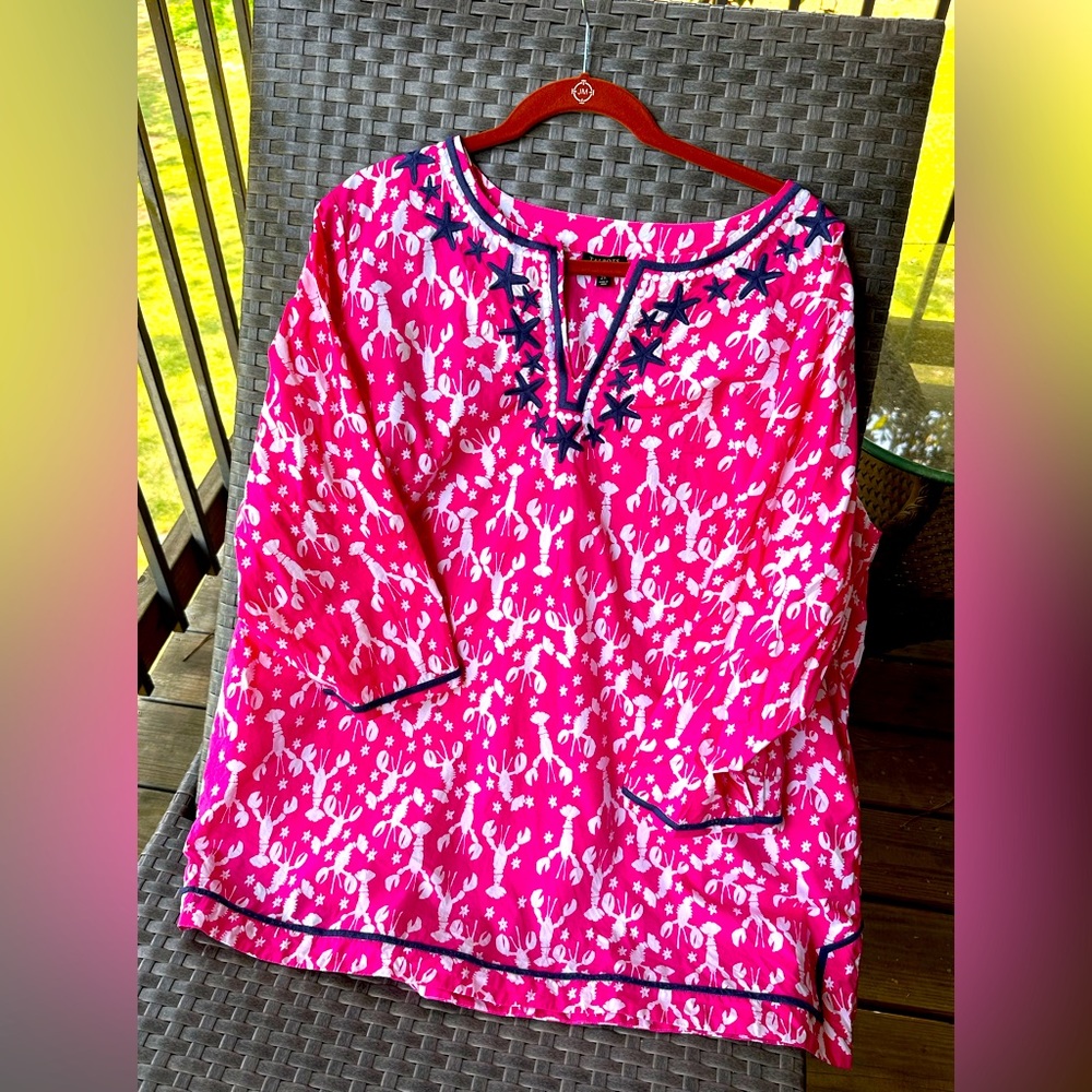 TALBOTS Size 2X Pink Lobster Rockstar Cotton Tunic Top Embroidered Starfish